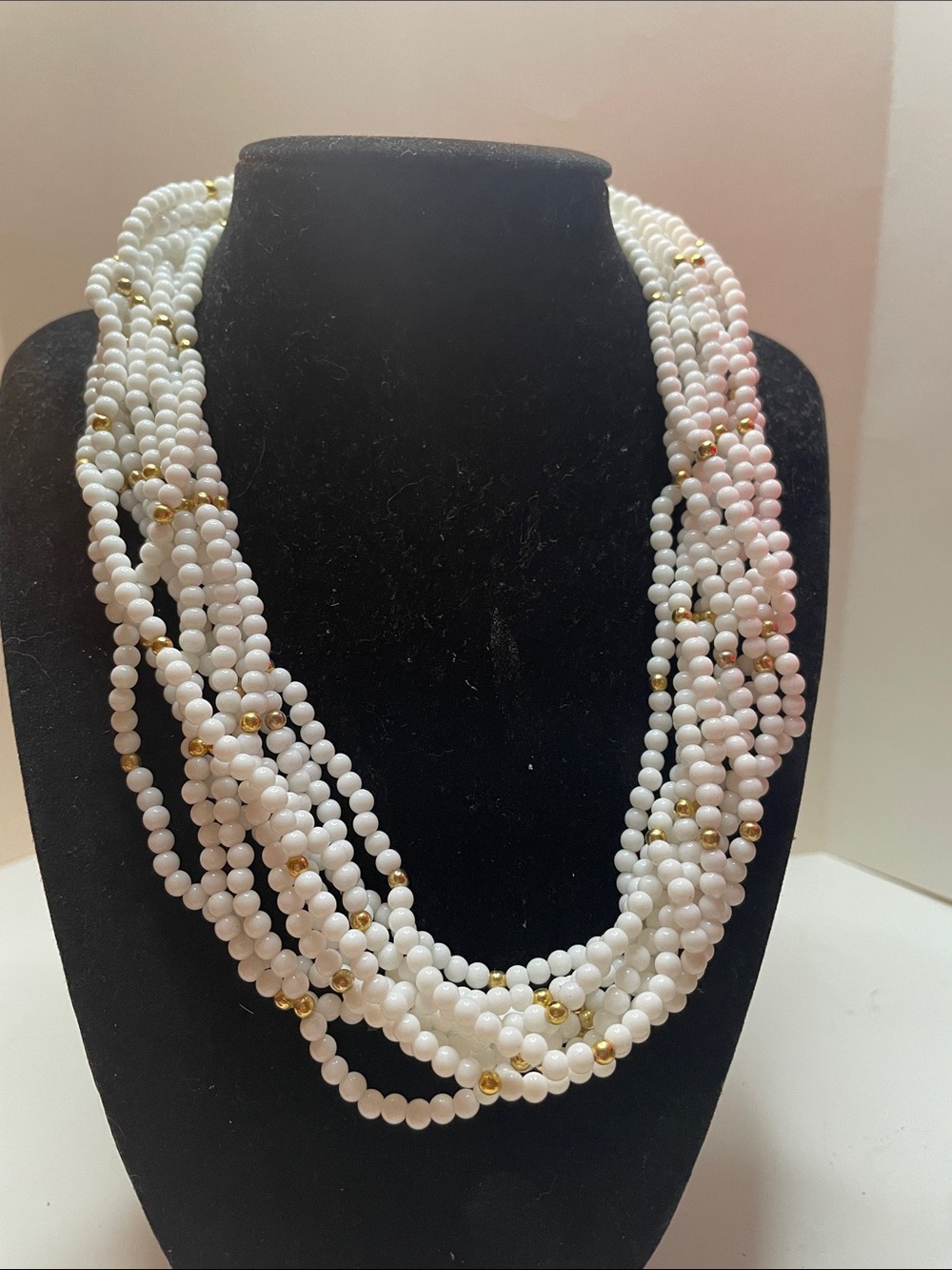 White Beaded Multi-Strand Necklace with Gold Accents